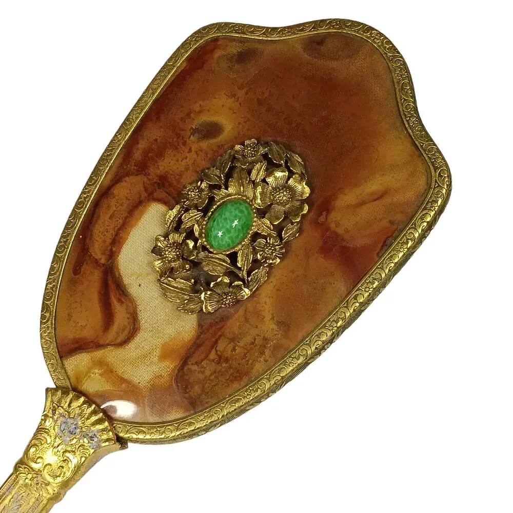 Vintage Hair Brush Brown Marble Like Back Golden Handle Clear Bristles Removable